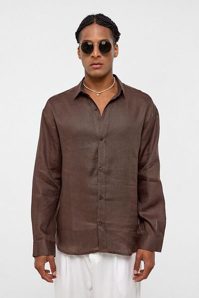 VAMOSCLO 100% linen Oversized long sleeve shirt coffee
