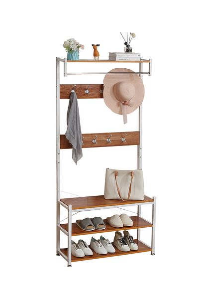 Lawazim 3-Layer Shoe Rack & Coat Hanger – 80cm Entryway Organizer with Shelf & 9 Hooks – Steel Frame