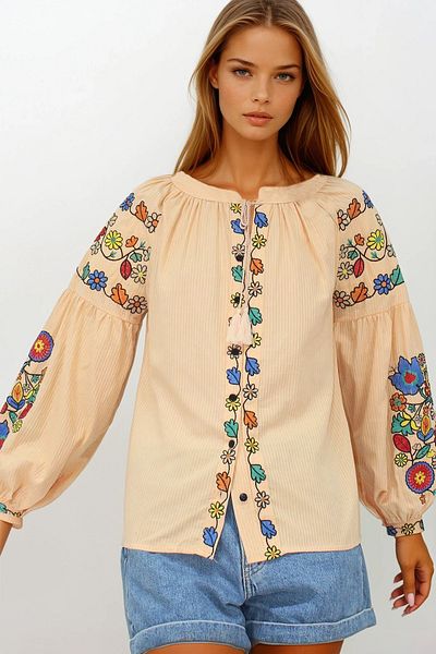 VAGGON Women's Salmon Judge Collar Tassel Lace Embroidered Dobby Woven Shirt Vs00243