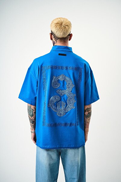 Respire Tricou oversize pentru bărbați, cu 3 broderii, cu jumătate de fermoar, albastru