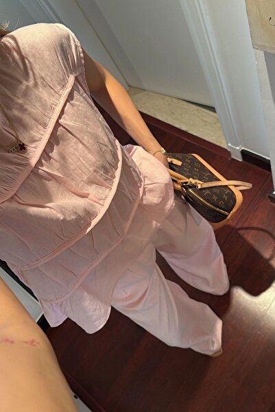 FMN Moda keten kumaş drape büzgü detay sıfır yaka dik kol bluz yüksek bel palazzo pantolon pinterest takım