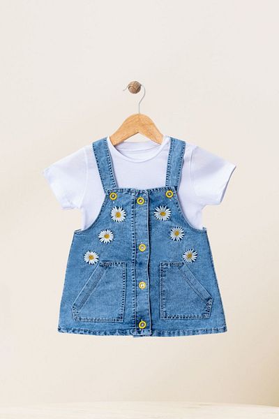 Baby s Breath Flower Girl's Summer Denim Daisy Patterned Pocket Snapback Salopet Strap Denim Dress Gilet