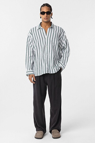 VAMOSCLO Ριγέ μακρυμάνικο oversized λινό πουκάμισο πράσινο