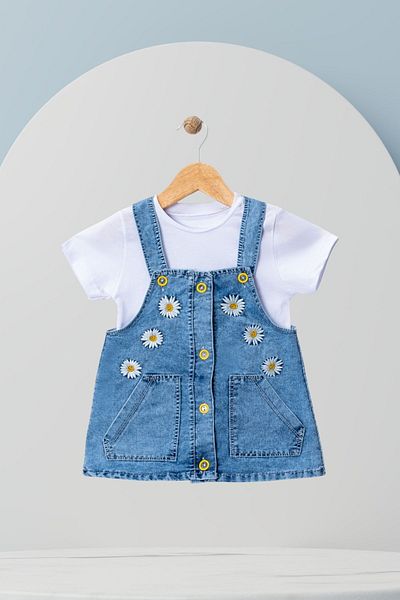 Baby s Breath Flower Girl's Summer Denim Daisy Patterned Pocket Snapback Salopet Strap Denim Dress Gilet