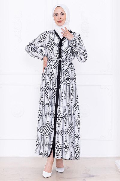 hafsamina Buttoned Belted Viscose Dress Black Hm2761