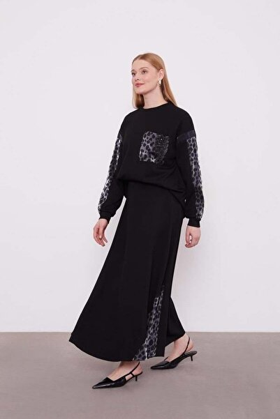 Levidor 100626 SIFIR YAKA GÖĞÜSÜ VE KOLU LEOPAR DETAYLI OVERSİZE ETEK UCU LEO...