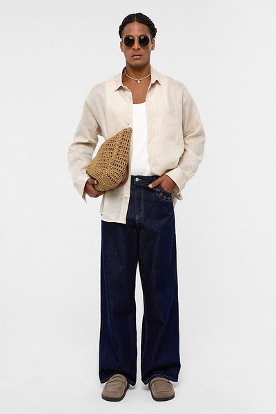 VAMOSCLO 100% Linen Oversize Long Sleeve Shirt Beige