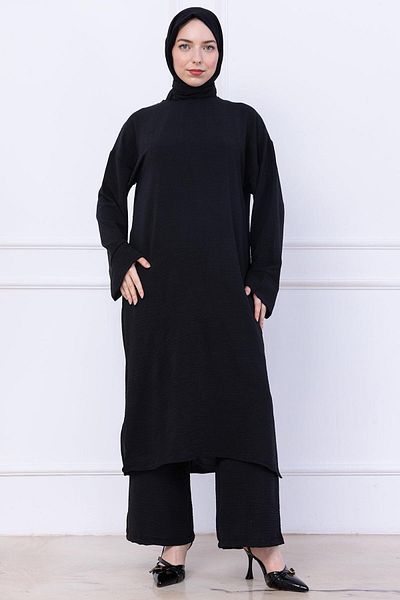 hafsamina Ayrobin Suit with Long Tunic Black Hm2770