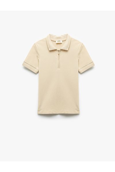 Koton KT - Tricou cu mânecă scurtă cu guler polo din bumbac cu fermoar