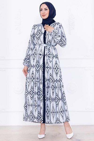 hafsamina Φόρεμα με κουμπιά ζώνη βισκόζης Navy Blue HM2761