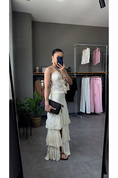 YOUR NAME Ruffled Tulle Skirt with Front Slit Detail