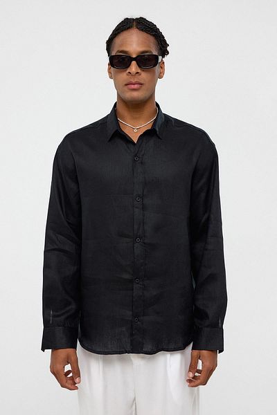 VAMOSCLO 100% Linen Oversize Long Sleeve Shirt Black