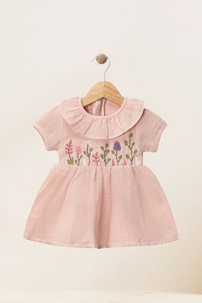 Baby s Breath Flower Girl's Summer Muslin Fabric Ruffled Collar Flower Embroidered Baby Dress