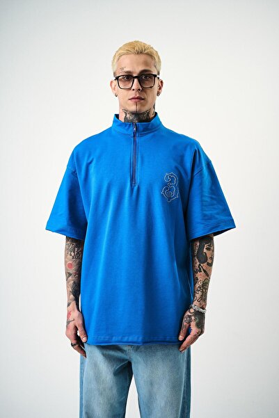 Respire Tricou oversize pentru bărbați, cu 3 broderii, cu jumătate de fermoar, albastru