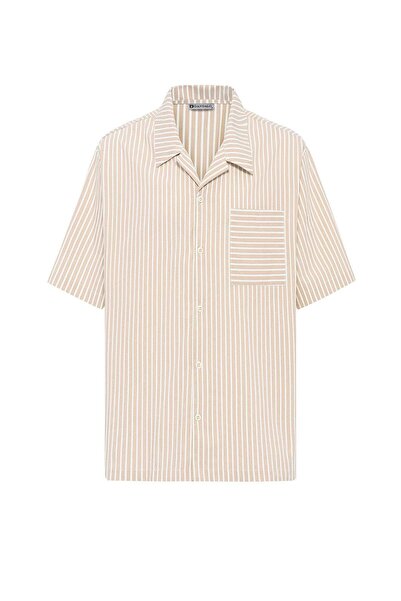 VAMOSCLO Striped Short Sleeve Oversize Shirt Beige