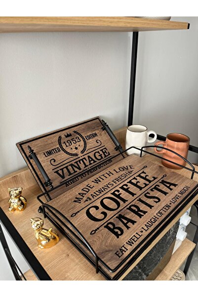 LİNGO HOME 2'li Büyük ve Küçük Metal Kulplu -Desenli Ahşap Sunum Tepsisi-40*26 ve 33*20 cm