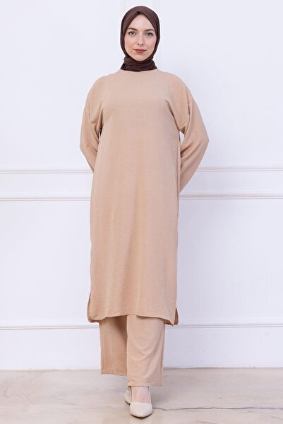 hafsamina Ayrobin Suit with Long Tunic Beige Hm2770