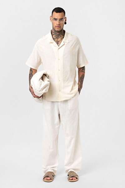 VAMOSCLO Оверсайз сорочка з короткими рукавами та вишивкою, натуральний колір