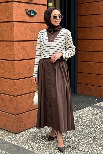 Venöve Çizgi Triko Detaylı Tasarım Kadın Elbise Kahve