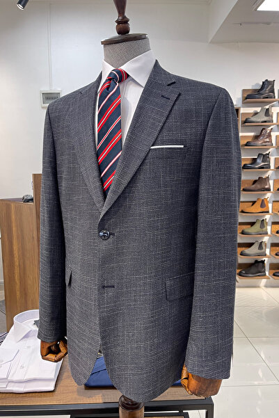 NAZEF Relaxed Fit (4 Drop) Self Patterned Mono Collar Linen Navy Blue Jacket ...