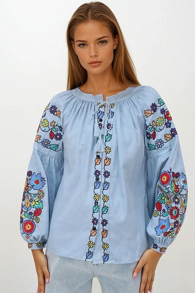 VAGGON Women's Blue Judge Collar Tassel Lace Embroidered Dobby Woven Shirt Vs00243
