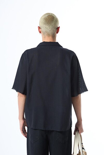 VAMOSCLO Απρόσκοπτη κοντομάνικη τσέπη χωρίς λινό πουκάμισο μαύρο