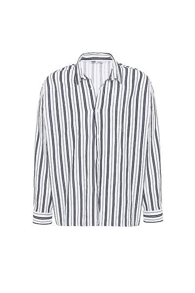 VAMOSCLO Striped Long Sleeve Oversize Linen Shirt Navy Blue
