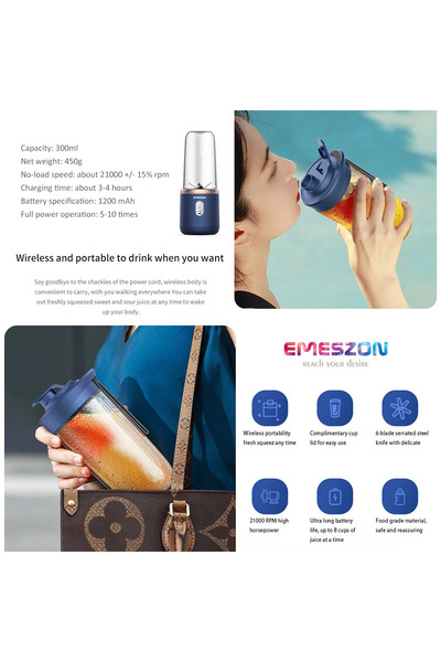 EMESZON Mini storcător portabil de fructe cu blender, EMESZON® BLD1000, încărcare micro USB, putere 40W 21000 RPM, albastru