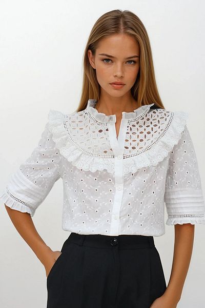 VAGGON Women's White Half Sleeve Hole Openwork Fisto Shirt Vs00236