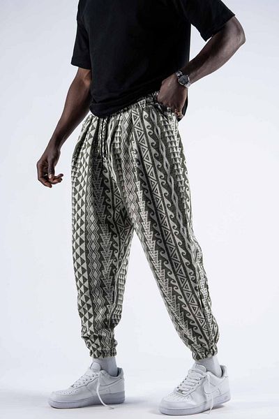 Superbluemexico Men's Patterned Elastic Green Baggy Trousers