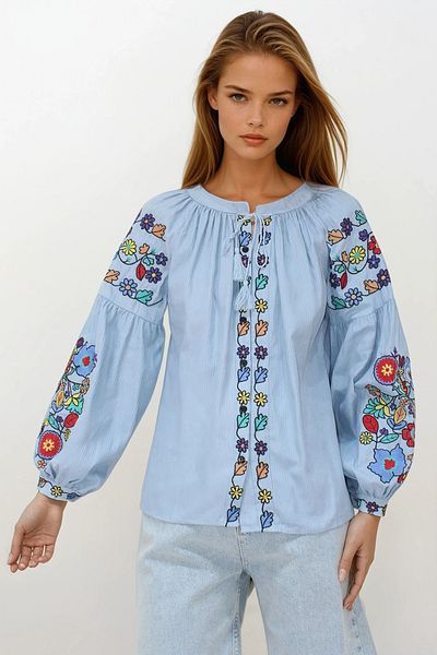 VAGGON Women's Blue Judge Collar Tassel Lace Embroidered Dobby Woven Shirt Vs00243