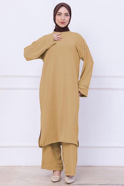 hafsamina Ayrobin Suit with Long Tunic Camel Hm2770