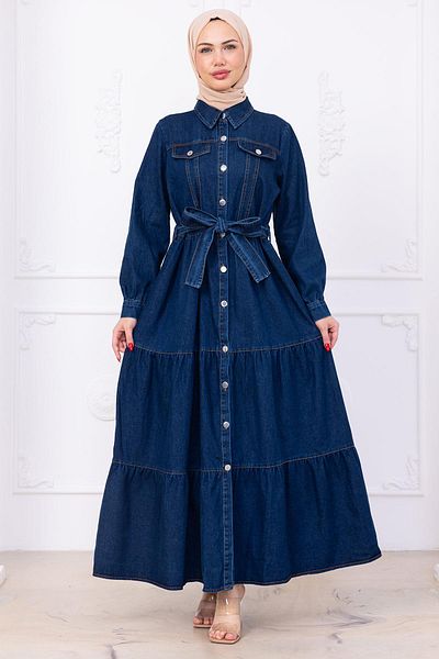 hafsamina Button Front Belted Denim Dress Hm2764 Dark Blue