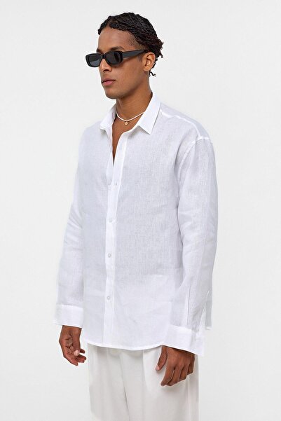 VAMOSCLO 100% Linen Oversize Long Sleeve Shirt Ecru