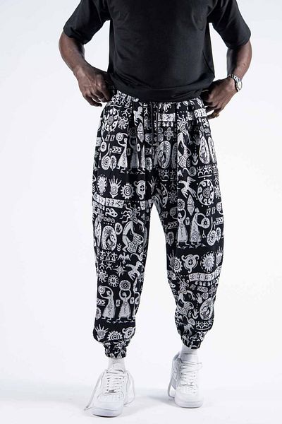 Superbluemexico Men's Patterned Elastic Black Baggy Trousers