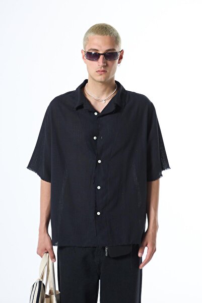 VAMOSCLO Απρόσκοπτη κοντομάνικη τσέπη χωρίς λινό πουκάμισο μαύρο