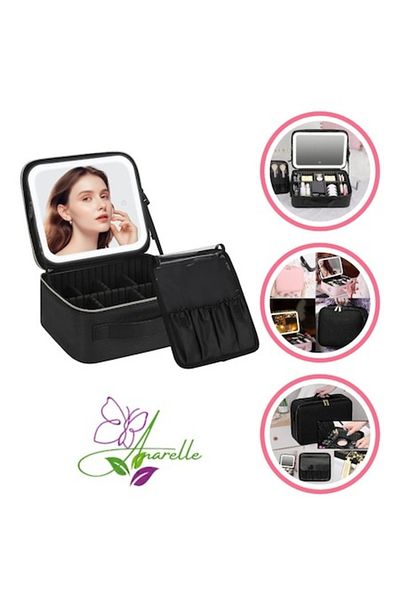 Manolex Cosmetic Storage Bag with LED Mirror and Compartments - Black
