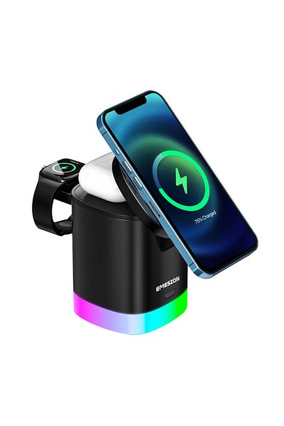 EMESZON Stație de încărcare wireless Magsafe 15W RGB, EMESZON® ET15, pentru telefoane, AirPods, ceasuri, negru