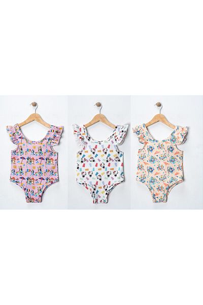 minitrends 3 Pcs Girls' Shoulder Ruffle Swimsuit