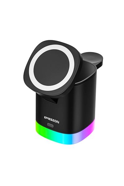 EMESZON Stație de încărcare wireless Magsafe 15W RGB, EMESZON® ET15, pentru telefoane, AirPods, ceasuri, negru