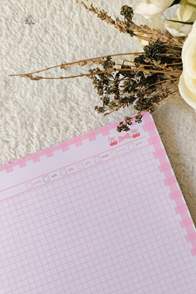 Flowery Paper Kiraz Kurdele Yatay A4 Notepad - Memopad,Check List ,Bloknot ,Not kağıdı, Okul Defteri