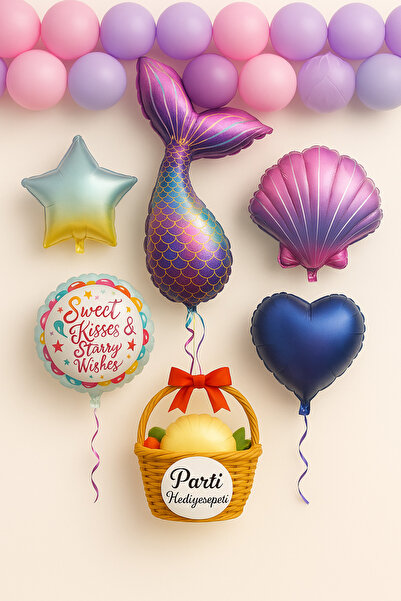parti hediye sepeti Deniz Kızı Kuyruk Folyo & Pastel Balon Seti 1 Yaş | 17 Pa...