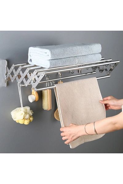 FOXMAG24 Suport prosoape pliabil din inox, 7 bare, 5 cârlige, montaj perete, 58×14.5×12–35.5 cm, argintiu