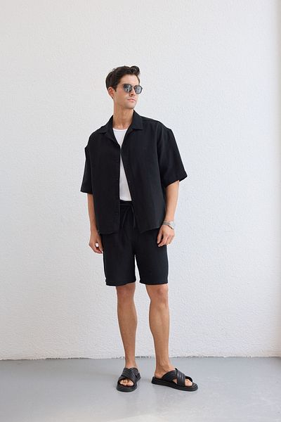 Livio Ferri Xar Men's Oversize Muslin Shorts Shirt Suit 100% Cotton Soft Feel