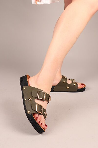 Birikon Papuci MARTY cu cataramă dublă cu accesorii rotunde KHAKI