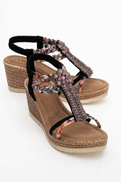 KİNDEP Kindep (Park Moda) Stoned Women's Wedge Heeled Sandals Black