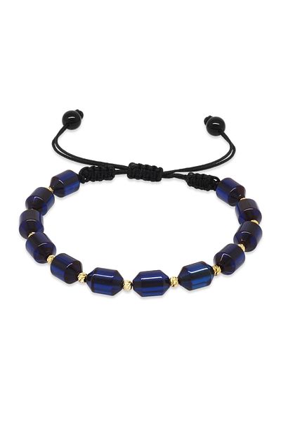 Tesbihane Macrame Braided Yellow Dorica Ball Decorated Navy Blue Crimped Amber Women's Bracelet