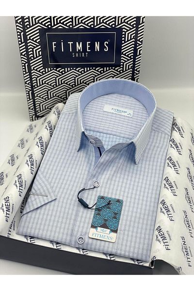 Fitmens Classic Short Sleeve Checkered Gift Boxed Men's Shirt Fs-004157 - Light Blue