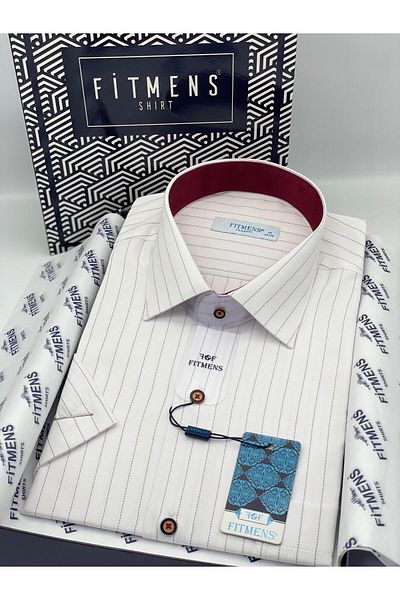 Fitmens Classic Short Sleeve Striped Gift Boxed Men's Shirt Fs-004162 - White Burgundy
