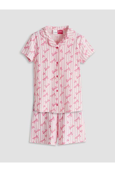 LC Waikiki Pink Shirt Collar Barbie Patterned Girl's Shorts Pajama Set